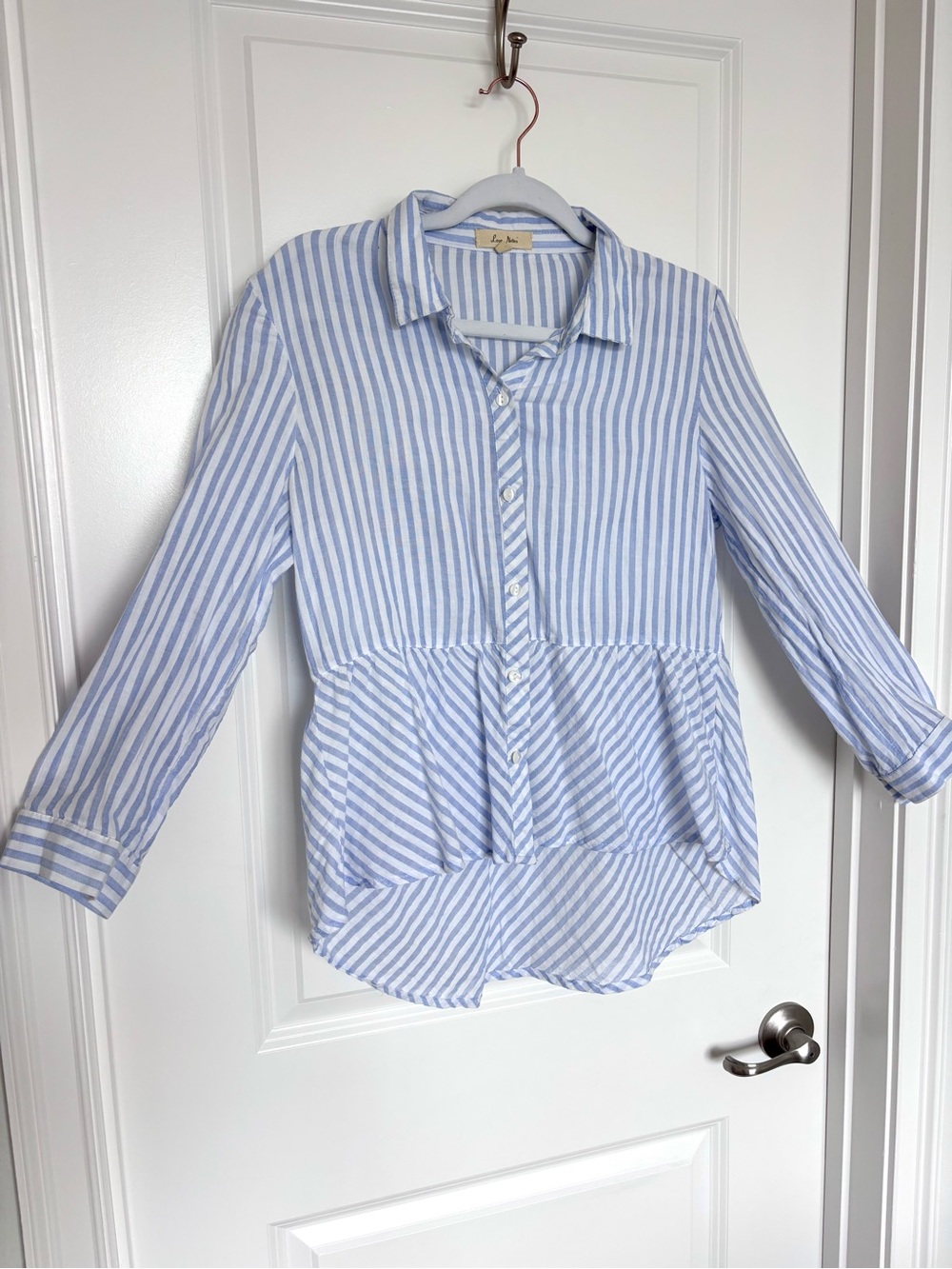 100% Cotton Love Notes Blue White Striped Button Down Shirt Peplum Boho Medium